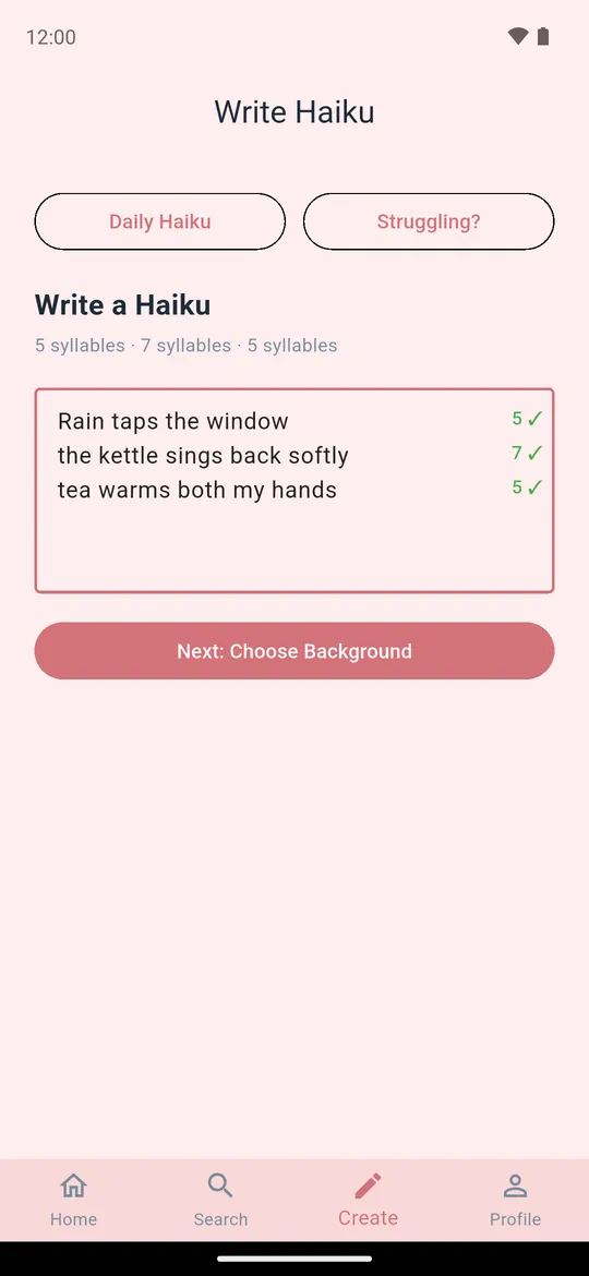 Write Haiku screen counting 5, 7 and 5 syllables live with green ticks