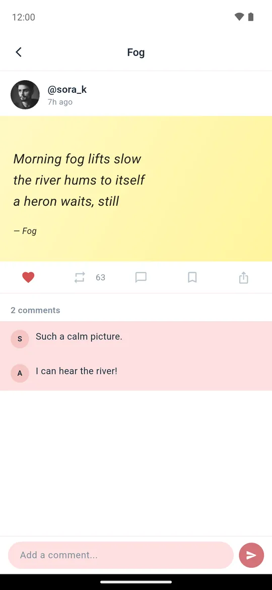 A single haiku opened, liked, with two short comments below