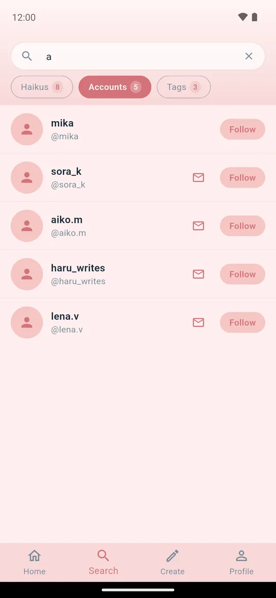 Search results listing accounts to follow, with Haikus, Accounts and Tags filters